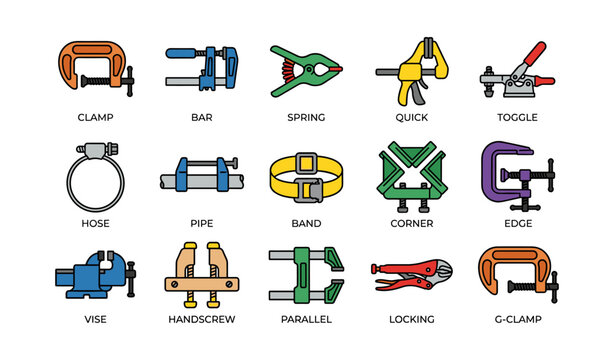 Colorful collection of diverse clamps and tools for various applications