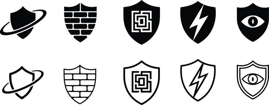 Collection of shield icons with various security symbols and designs