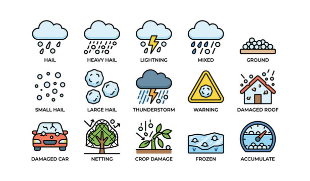 Weather icons depicting hail, lightning, thunderstorms, and damage indicators