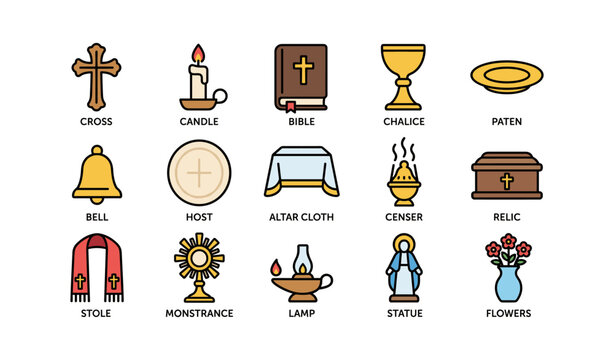 Set of colorful catholic liturgical items and symbols for church worship