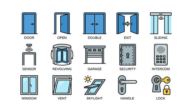 Different types of doors and access points: sensor, revolving, security locks illustrated