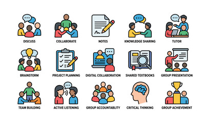Fototapeta premium Educational icons for group collaboration and learning with discussions and presentations