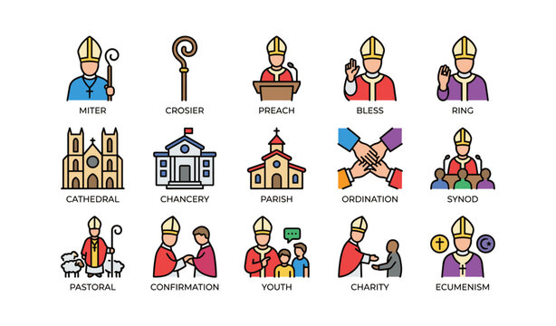 Catholic church symbols and roles: miters, crosiers, and clergy activities