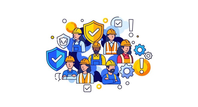 Vector illustration featuring diverse workers wearing safety helmets near protective shields, conveying a message of workplace accident prevention and a safe work environment, set