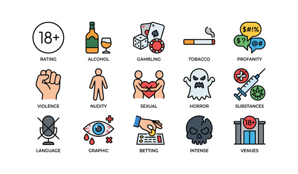 Various warning icons representing adult content and activities