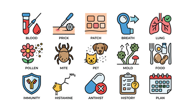 Allergy symptoms and treatments illustrations with medical and environmental icons
