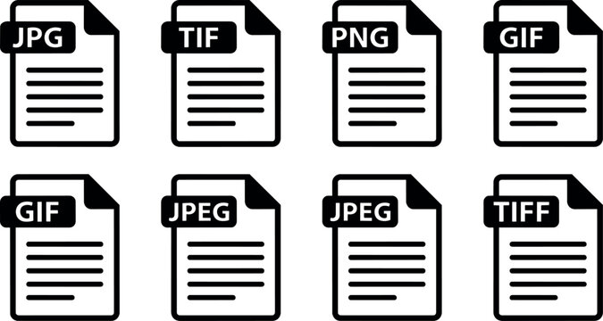 Black and white file type icons for jpg tif png gif jpeg and tiff formats