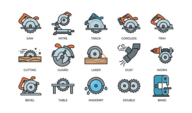 Various types of circular saws and power tools illustrated with icons
