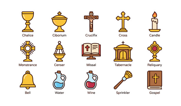 Religious icons: chalice, ciborium, crucifix, candle, monstrance, censer, missal, tabernacle