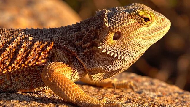 Close-up of a Bearded Dragon basking in the sun, showcasing its scales and intricate skin patterns.