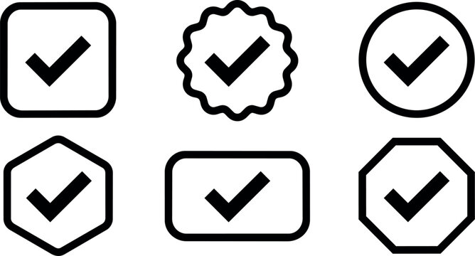 Black and white check mark icons in six frame shapes vector line art