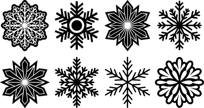 Black snowflake vector art set with ornamental and geometric shapes