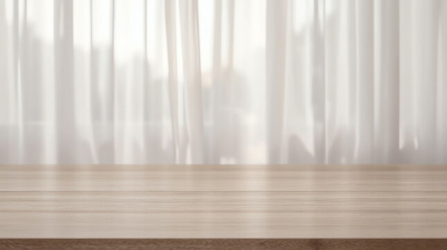 Empty wood table top with window curtain abstract blur background for product display