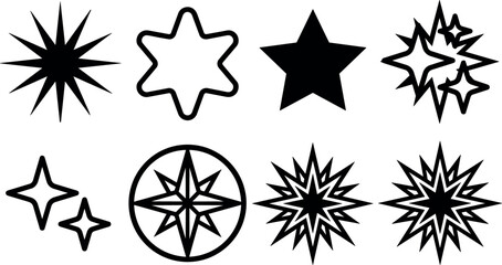 Obraz premium Black geometric star shapes and compass rose vector art set on white background