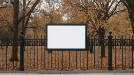 Fototapeta premium Blank white banner for advertisement on the fence of the park in the city