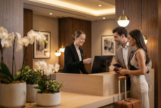 Hotel receptionist assisting well-dressed couple at front desk during check-in with luggage