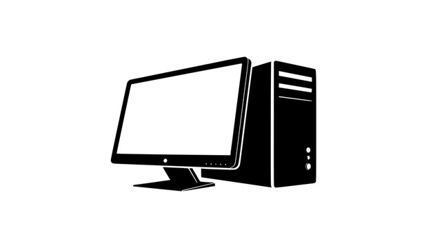 Minimal desktop PC silhouette icon with angled monitor and tower isolated on white modern technology vector