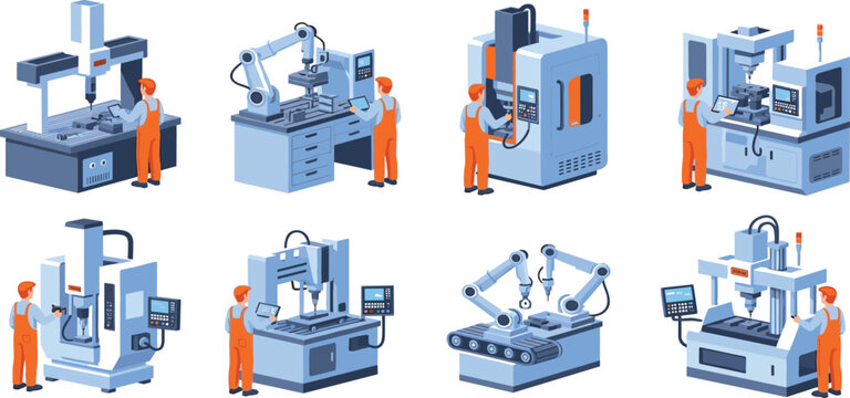 Industrial CNC machine vector set featuring robotic arms, milling machines, lathe equipment, and factory workers in a flat isometric style.