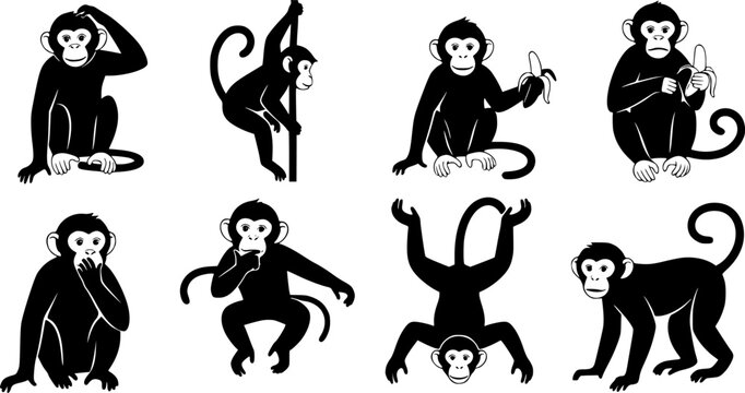 Collection of seven black silhouette monkey icons in various playful poses, isolated on a white background.
