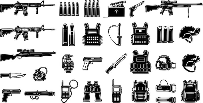 Collection of military and tactical equipment icons, including firearms, ammunition, body armor
