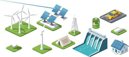Renewable energy isometric icon set featuring wind turbines, solar panels, hydroelectric dam, power pylon, electric taxi, and sustainable living elements © MstRuna