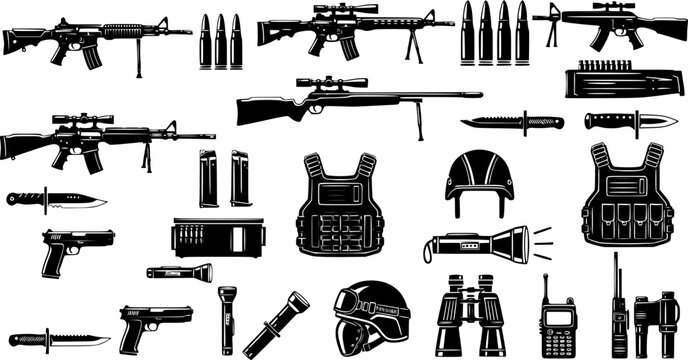 Collection of military and tactical equipment icons, including firearms, ammunition, body armor