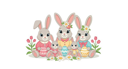Obraz premium Cartoon illustration featuring a happy Easter celebration with a family of cute bunnies dressed in pastel spring outfits, surrounded by Easter eggs and floral decorations, set