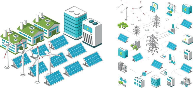 Renewable energy smart grid isometric vector kit featuring wind farm, solar array, sustainable factory, power pylons, and modular infrastructure icons.