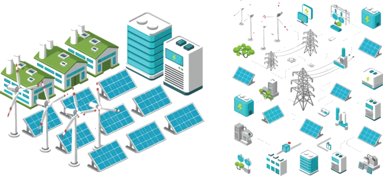Renewable energy smart grid isometric vector kit featuring wind farm, solar array, sustainable factory, power pylons, and modular infrastructure icons.