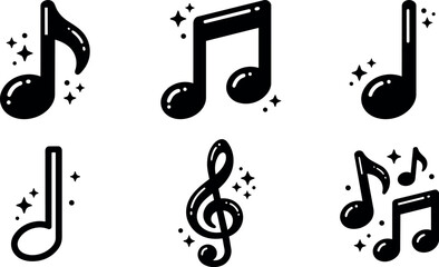 Fototapeta premium Black music notes and treble clef flat design vector icons with sparkles