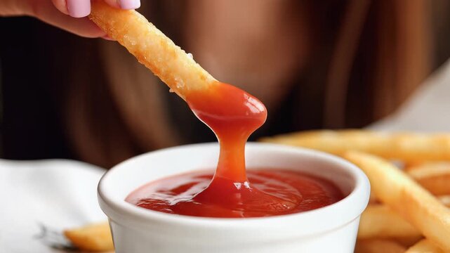 Close-up of a hand dipping a crispy french fry into a small white bowl of ketchup on a table with more fries.