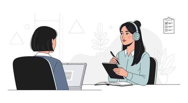 Two women in an office, one with headphones, taking notes during a meeting or interview