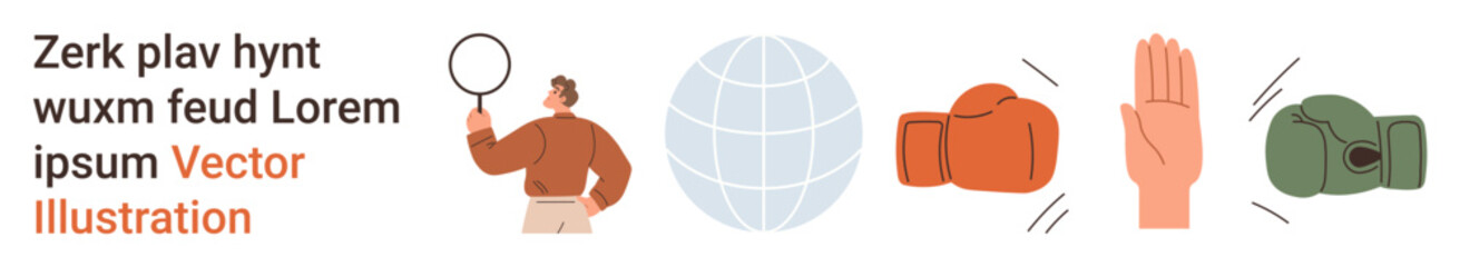 Obraz premium Decision-making, exploration, global learning, communication, conflict resolution, teamwork ideas. Magnifying glass with globe, boxing gloves raised hand for stopping. Exploration and global