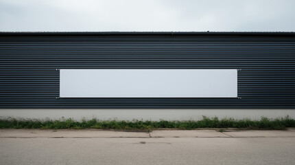 Obraz premium Blanks white banner for advertisiement mounted on the fence of the warehouse. Truck is waiting for loading 