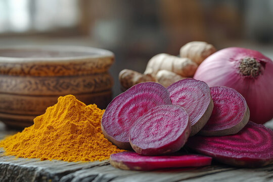Close-up de ingredientes naturales para cocinar: remolacha, jengibre, cebolla morada, c&uacute;rcuma, peregil, menta sobre una tabla de madera r&uacute;stica con luz natural