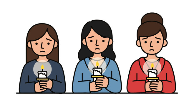 Three mournful women holding lit candles at a memorial service