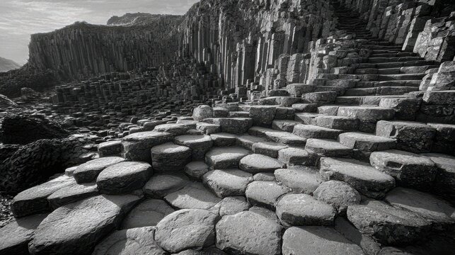 Perfectly aligned rows of polished smooth basalt columns forming natural steps on a textured rocky coastal landscape