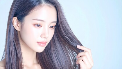 Fototapeta premium Beautiful Young Woman Touching Her Silky Smooth Hair for Hair Care Concept