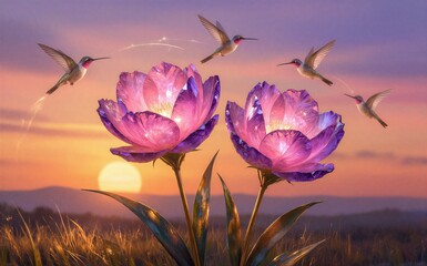 Obraz premium Magical hummingbirds dance around glowing purple flowers at golden