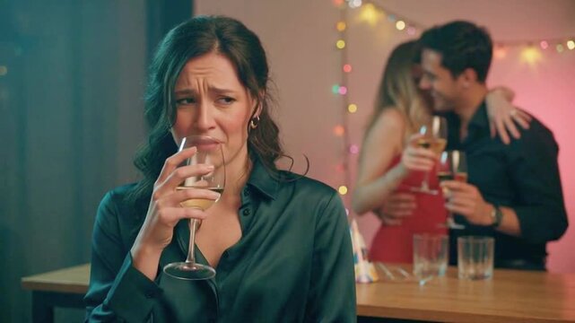 A jealous woman feeling envious while watching happy couple 
