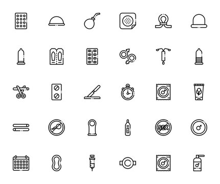 Contraceptive Methods icon set. Birth control vector icons pack. Includes Contraceptive pills, Condom, IUD, Diaphragm, Sterilization, Calendar and more. Editable thin line illustrations.