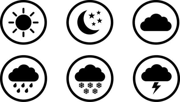 Black and white weather icons sun moon cloud rain snow lightning vector art