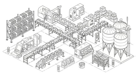Obraz premium Isometric line art illustration of an industrial manufacturing facility, featuring conveyor belts moving boxes between machinery and storage, rendered as a detailed black silhouette vector