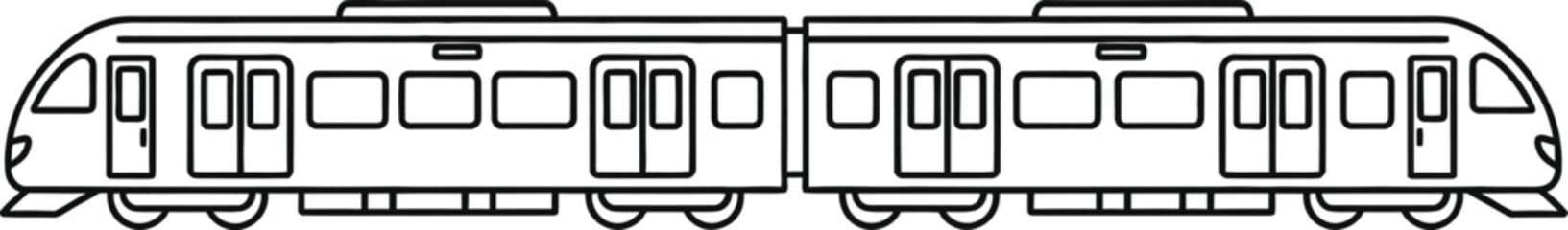 simple line art vector icon of a commuter train in side view with multiple carriages and windows, outline only © musaannarabbi007