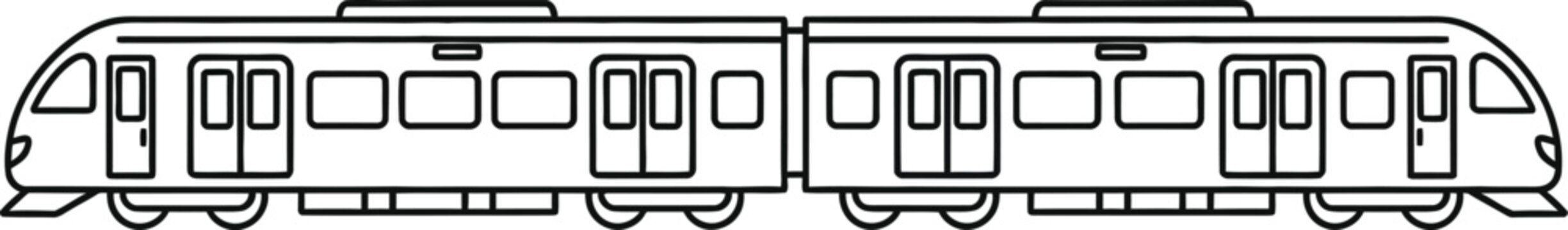 simple line art vector icon of a commuter train in side view with multiple carriages and windows, outline only