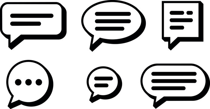 Black speech bubble icons set with varied shapes and text lines