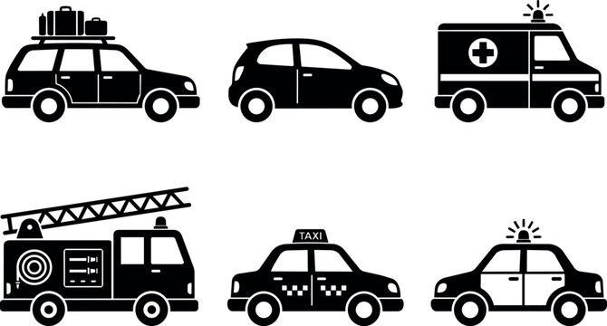 Black silhouette car icons including ambulance fire truck taxi and station wagon with luggage