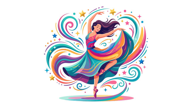 A stylized vector illustration celebrates International Dance Day with a dancing woman in a vibrant, flowing dress, surrounded by colorful swirls and stars, set against a clean white