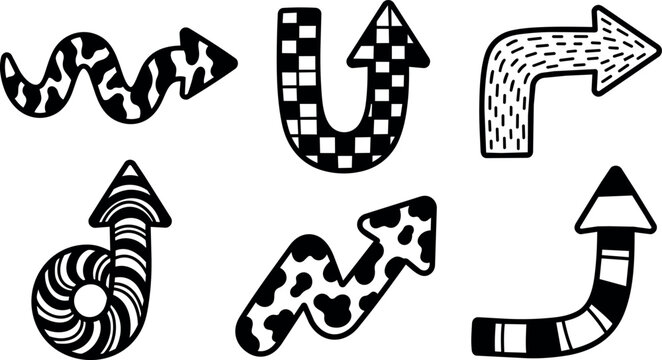 Black and white decorative arrows with patterns in hand drawn style