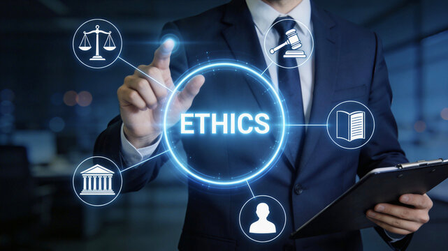 Business Ethics Concept - Businessman Touching Virtual Interface with Ethical Icons for Integrity, Compliance, and Corporate Governance